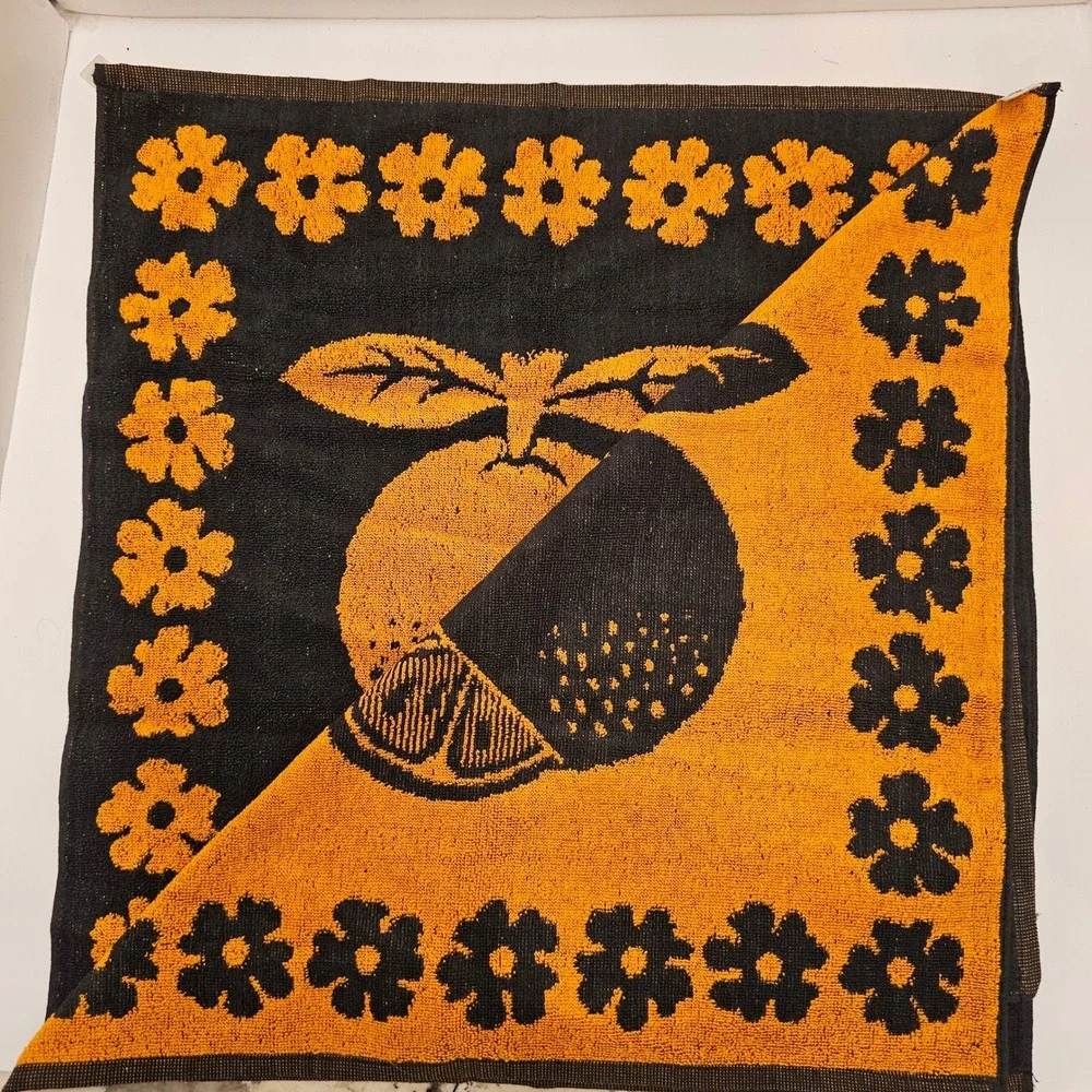 2 Vintage Orange Fruit Floral Cotton Hand Towel Black Orange Made in Portugal 19